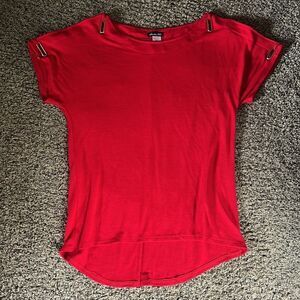 Olivia blu , Red short sleeve ,cold shoulder with metal grommets,back longer,